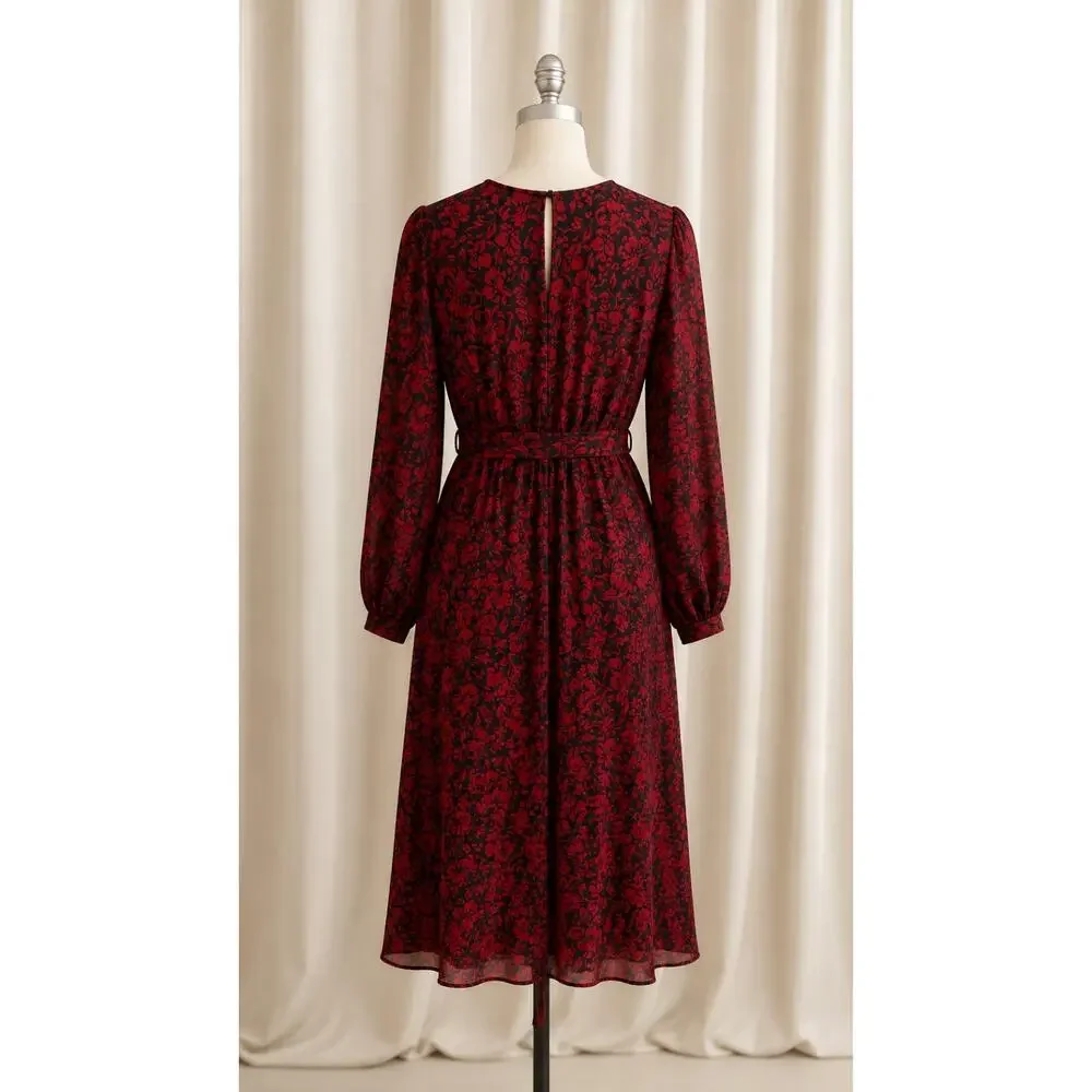 Torrid Black Red Midi Dress 00 Large V Neck sheer Balloon Sleeve Pockets - Picture 2 of 14